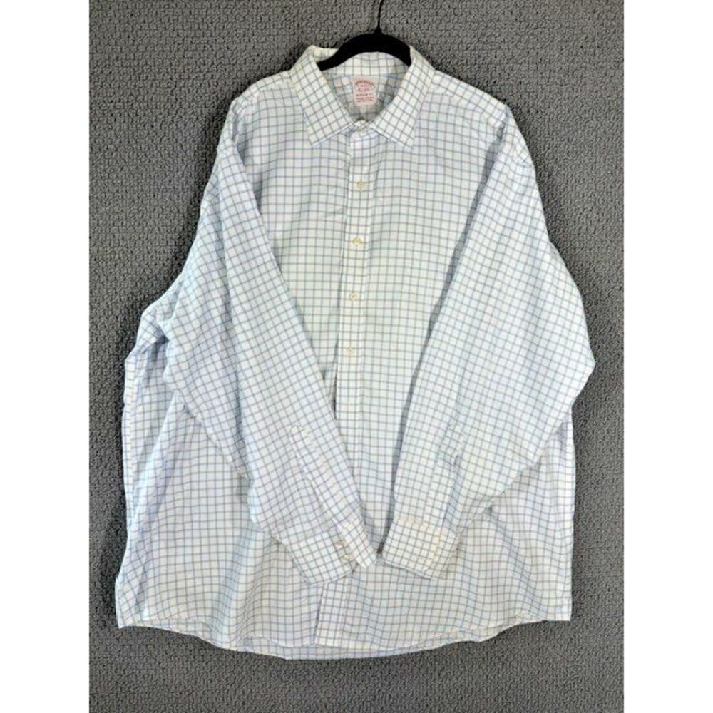 Brooks Brothers Madison White Lt Blue Windowpane Button Up Dress Shirt 19 37 XXL